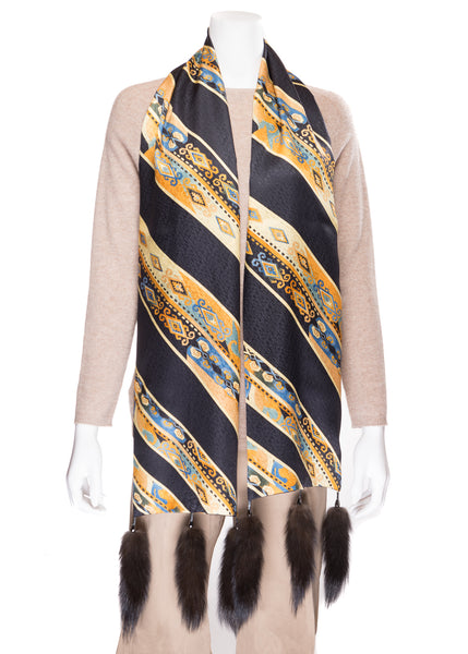 Silk Scarf with Sable Tassels - Black, Red, Blue
