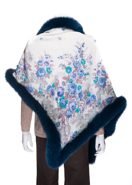 Silk Shawl with Aqua Blue Fox Fur