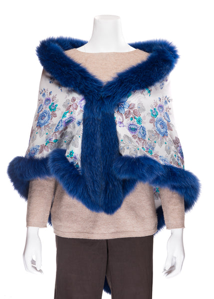 White Silk Shawl with Dyed Midnight Blue Fox Fur
