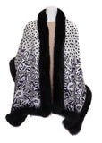 White Silk Wrap with Black Polka Dot Trimmed with Black Fox Fur