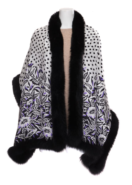White Silk Wrap with Black Polka Dot Trimmed with Black Fox Fur