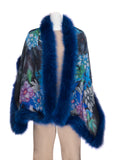 Silk Chiffon Stole with Flower Print Trimmed with Blue Fox Fur