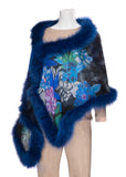 Silk Chiffon Stole with Flower Print Trimmed with Blue Fox Fur