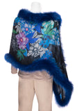 Silk Chiffon Stole with Flower Print Trimmed with Blue Fox Fur
