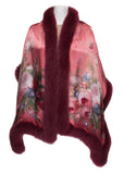 Silk Stole with Berry Red Flower Print Trimmed with Bordeaux Fox Fur