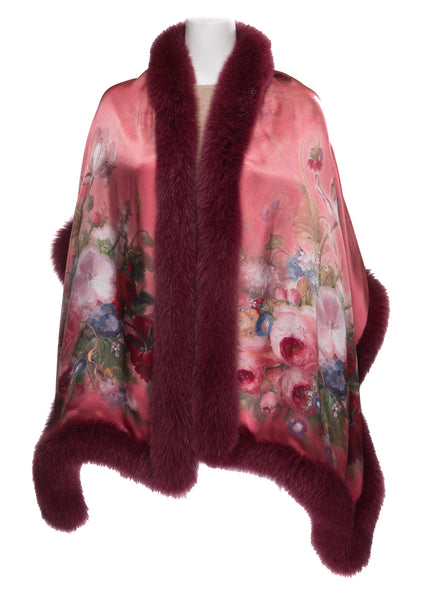 Silk Stole with Berry Red Flower Print Trimmed with Bordeaux Fox Fur