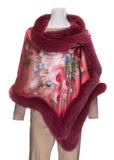 Silk Stole with Berry Red Flower Print Trimmed with Bordeaux Fox Fur