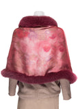 Silk Stole with Berry Red Flower Print Trimmed with Bordeaux Fox Fur