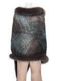 [SOLD] Silk Chiffon Animal Print Stole Trimmed with Dark Grey Fox Fur
