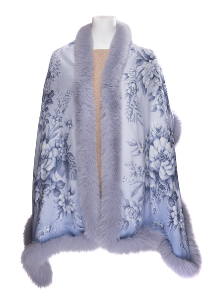 Grey Silk  Stole with Flower Print Trimmed with Grey Fox Fur
