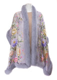 Grey Silk Stole with Multicolor Flower Print Trimmed with Grey Fox Fur