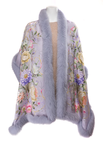 Grey Silk Stole with Multicolor Flower Print Trimmed with Grey Fox Fur