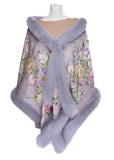 Grey Silk Stole with Multicolor Flower Print Trimmed with Grey Fox Fur