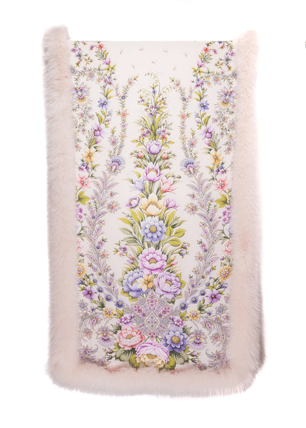 Off White Silk Stole with Multi-color Flower Print Trimmed with Ivory Fox Fur
