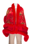 Silk Stole with Red Flower Print Trimmed with Dyed Red Fox Fur