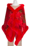 Silk Stole with Red Flower Print Trimmed with Dyed Red Fox Fur