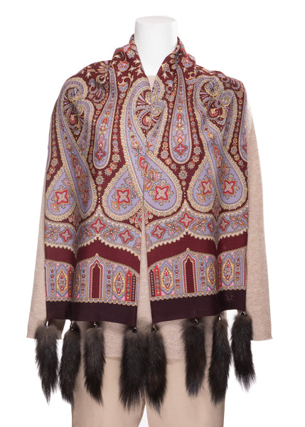 Wool Scarf with Sable Tassels - Bordeaux Paisley