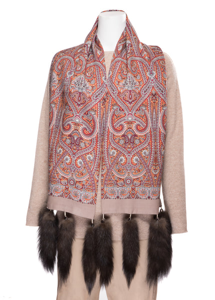 Wool Scarf with Sable Tassels - Beige Paisley
